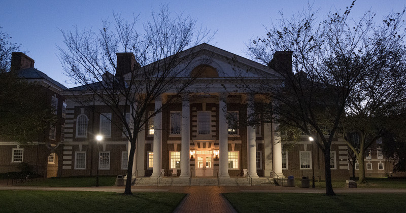 Sunrise as viewed from the front of Du Pont Hall.