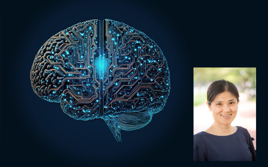 illustration of a brain as electronic circuitry with an inset image of Yuping Zeng